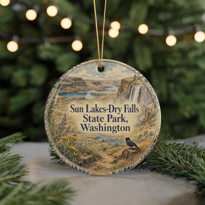 A round ornament with a scenic image of Sun Lakes-Dry Falls State Park, Washington, featuring a bird perched on a rock.