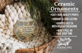 Ceramic ornaments, featuring a round ornament with a scenic image of Sun Lakes-Dry Falls State Park, Washington, and a bird perched on a branch. The ornament is displayed in a woven basket, and the text highlights the ornament's features, such as its cozy, high-quality prints, vibrant and long-lasting, fast shipping, and lack of peeling or fading over time.
