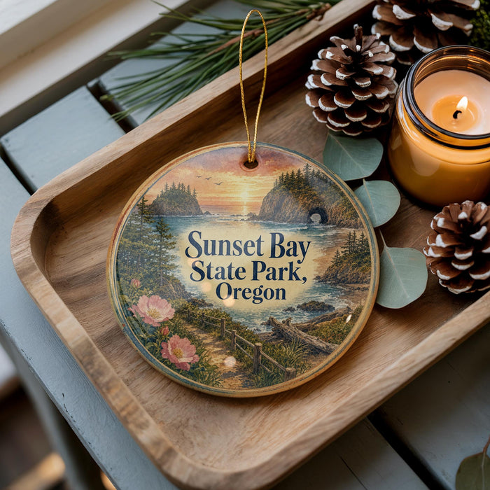 A decorative ornament featuring a scenic landscape of Sunset Bay State Park, Oregon, with pine cones and a lit candle on a wooden tray.