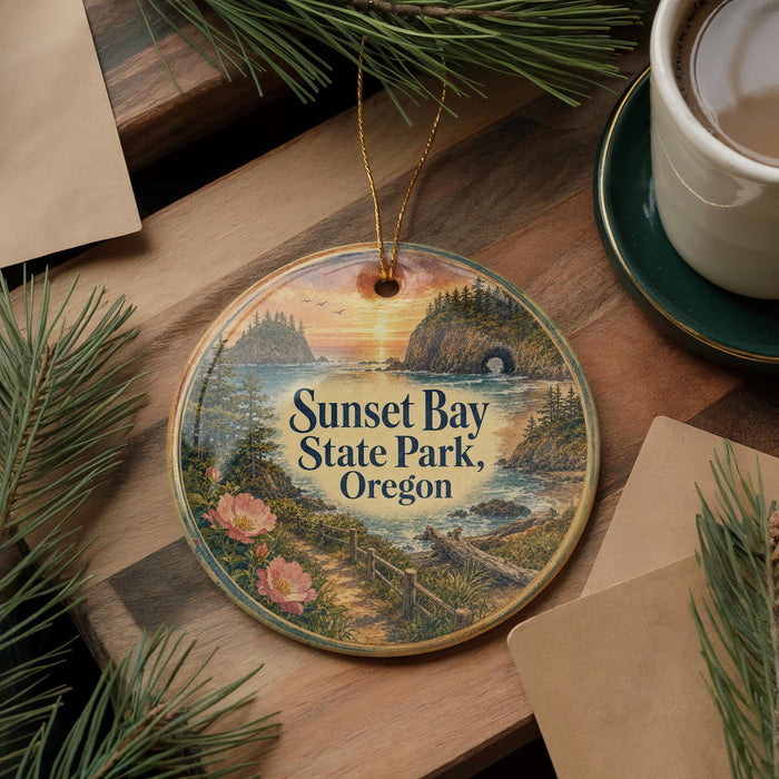 A decorative ornament featuring a scenic landscape of Sunset Bay State Park, Oregon, with a sunset over the water and pine trees in the foreground.