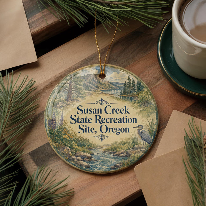 A decorative ornament with a scenic landscape of Susan Creek State Recreation Site, Oregon, featuring a bird and a stream, is displayed on a wooden surface alongside a cup of coffee and some pine branches.
