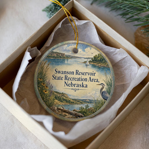 A decorative ornament in a white box, featuring a scenic landscape with a lake, mountains, and a bird.