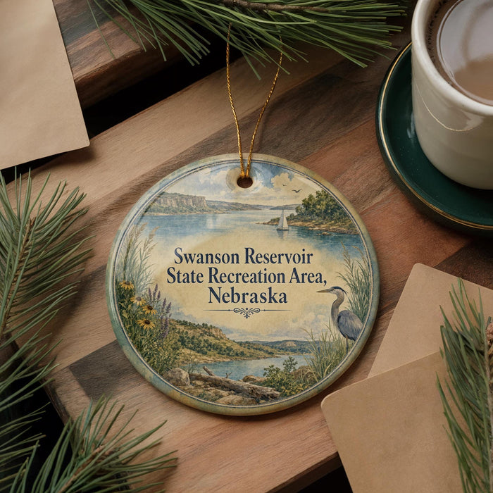 A decorative ornament with a scenic landscape of a lake, mountains, and a bird, hanging on a wooden surface.