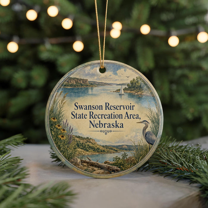 A circular ornament with a scenic landscape of a lake, mountains, and a bird, hanging from a string.