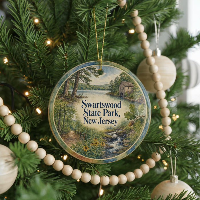 A round ornament hanging on a Christmas tree, featuring a scenic landscape with a river and trees.