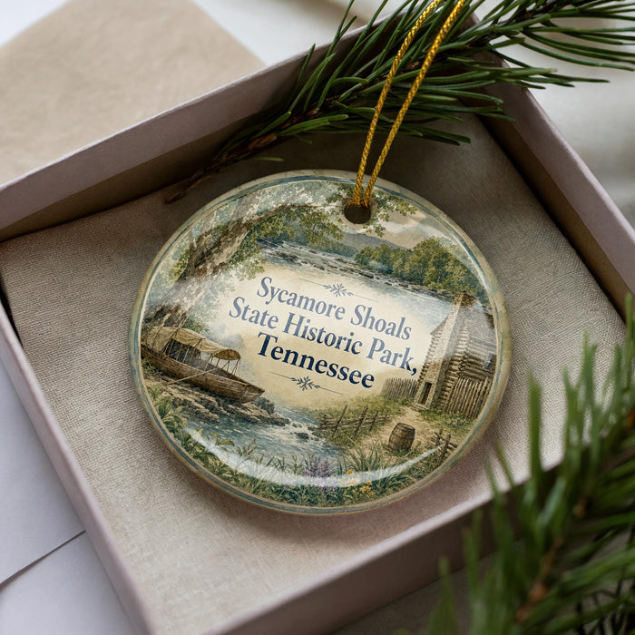 A decorative ornament in a box, featuring a scenic image of Sycamore Shoals State Historic Park in Tennessee.