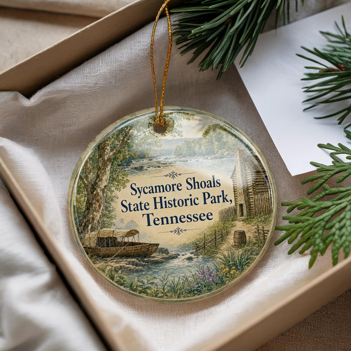 A decorative ornament with a scenic landscape of Sycamore Shoals State Historic Park, Tennessee, featuring a river, a wooden cabin, and pine trees.
