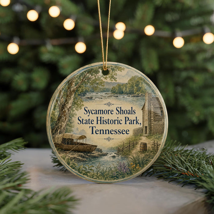 A circular ornament with a scenic image of Sycamore Shoals State Historic Park, Tennessee, featuring a log cabin and a river.