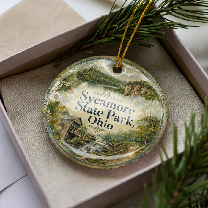 A decorative ornament in a box, featuring a scenic landscape with a bridge and waterfalls, with the text "Sycamore State Park, Ohio" prominently displayed.