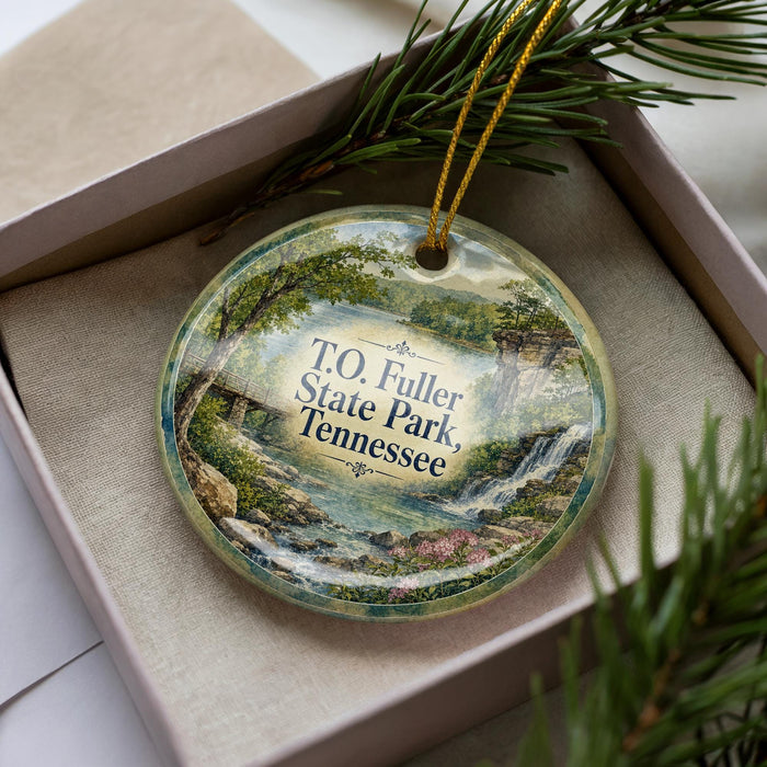 A decorative ornament with a scenic landscape of Tennessee State Park, featuring a waterfall and pine trees.