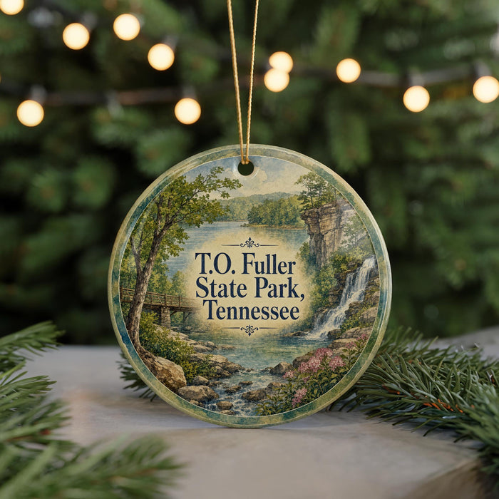 A round ornament with a scenic landscape of T.O. Fuller State Park, Tennessee, featuring a waterfall and a bridge.