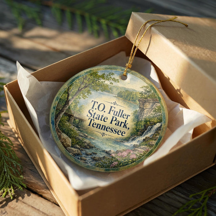 A round ornament in a box, featuring a scenic landscape with a waterfall and trees, with the text "TO Fuller State Park, Tennessee" printed on it.
