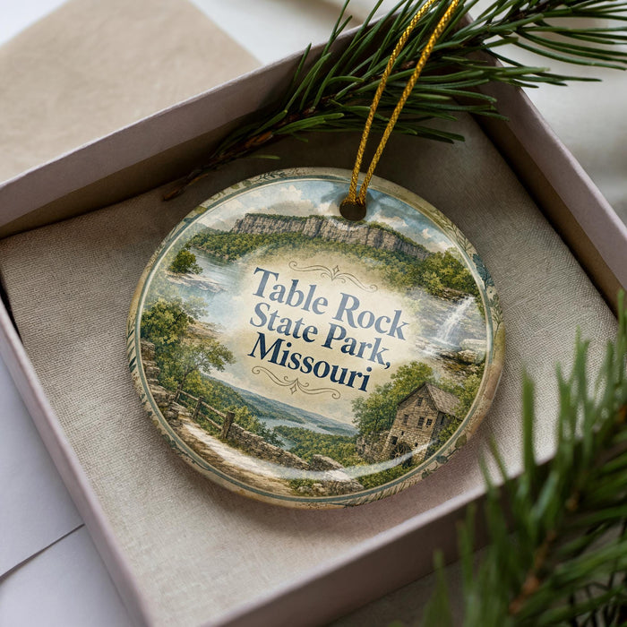 A decorative ornament in a box, featuring a scenic landscape with a castle, trees, and a body of water.