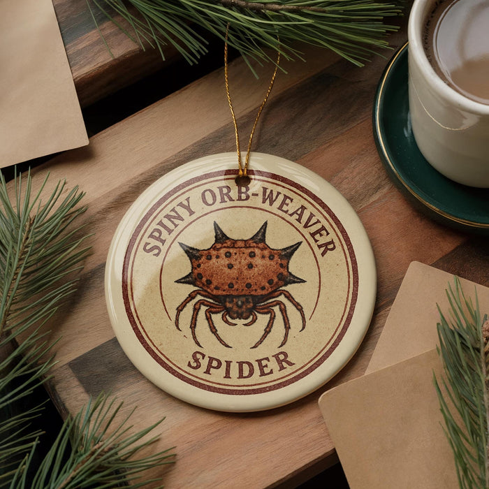 A round ornament with a spider design, featuring the text "SPINY ORB-WEAVER SPIDER" on it, is displayed on a wooden surface alongside a cup of coffee and some pine branches.