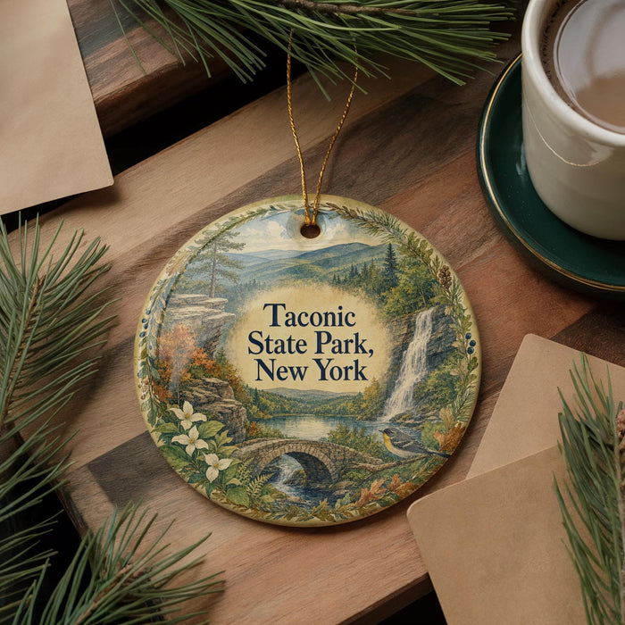 A decorative ornament featuring a scenic landscape with a waterfall, bridge, and pine trees, with the text "Taconic State Park, New York" prominently displayed.