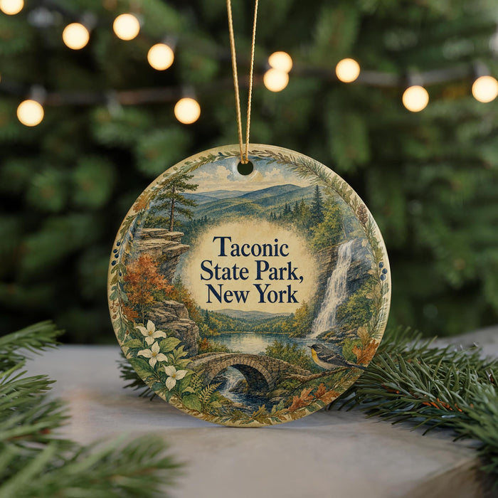 A round ornament with a scenic landscape of Taconic State Park, New York, featuring a waterfall, bridge, and pine trees.