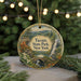 A round ornament with a scenic landscape of Taconic State Park, New York, featuring a waterfall, bridge, and pine trees.