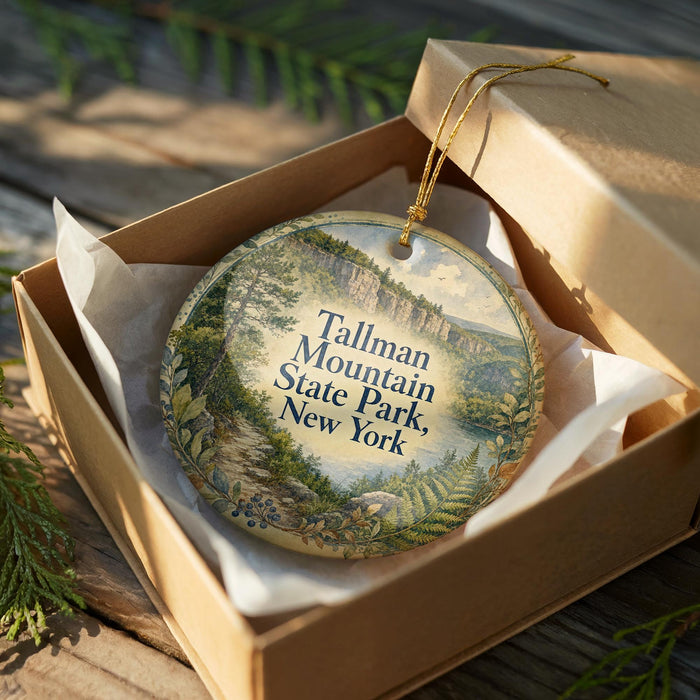 A decorative ornament in a wooden box, featuring a scenic landscape of the Tallman Mountain State Park in New York.