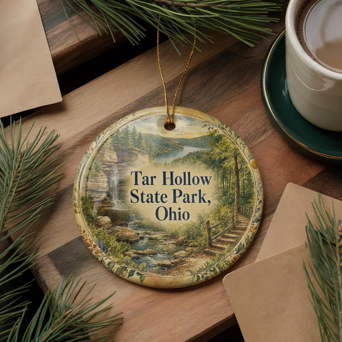 A decorative ornament with a scenic landscape of Tar Hollow State Park, Ohio, featuring a waterfall and forest, is displayed on a wooden surface alongside a cup of coffee and some pine branches.