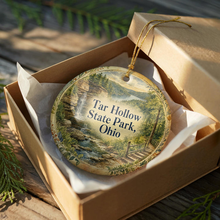 A decorative ornament in a box, featuring a scenic landscape with a waterfall and forest, with the text "Tar Hollow State Park, Ohio" printed on it.