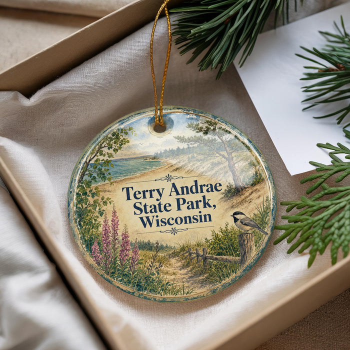 A decorative ornament with a scenic image of Terry Andrae State Park, Wisconsin, hanging from a string.