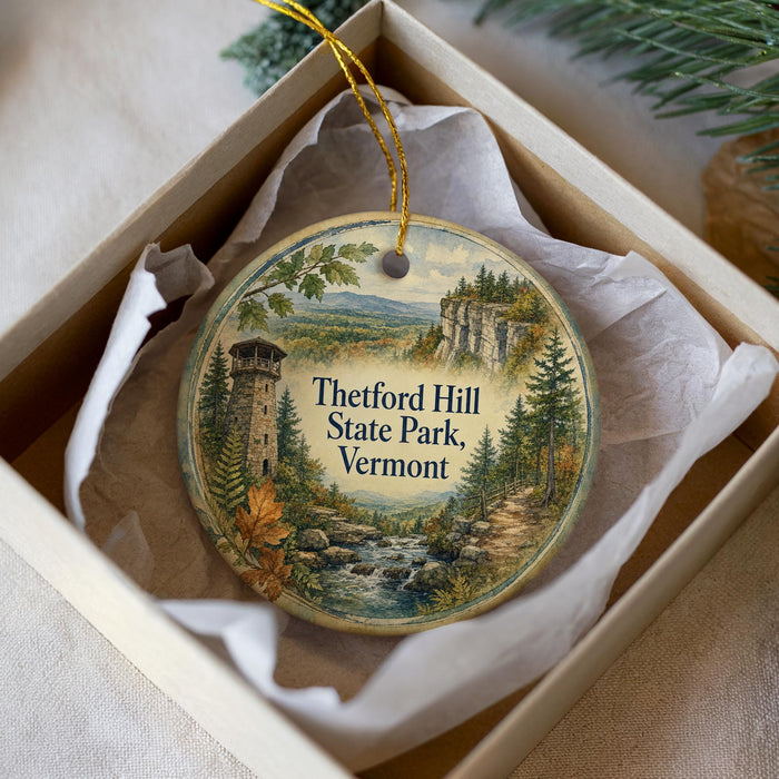 A decorative ornament in a box, featuring a scenic landscape with a tower, trees, and a river.