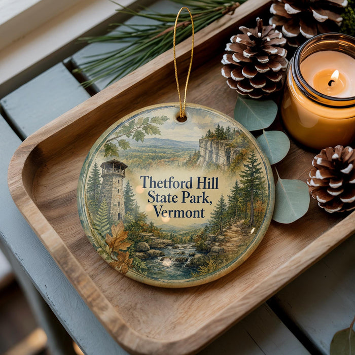 A wooden tray with a decorative ornament featuring a scenic landscape of Thetford Hill State Park, Vermont, along with pine cones and a lit candle.