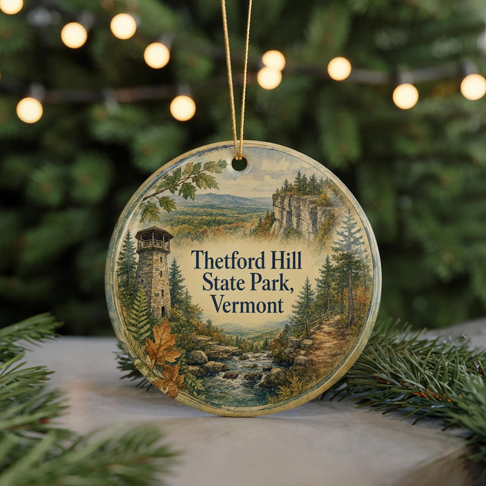 A round ornament with a scenic landscape of a mountain, a tower, and a stream, surrounded by pine trees and a string of lights.