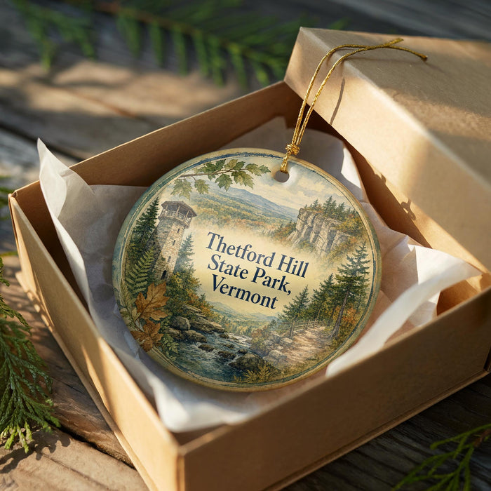 A decorative ornament in a box, featuring a scenic landscape with a castle, trees, and a river.