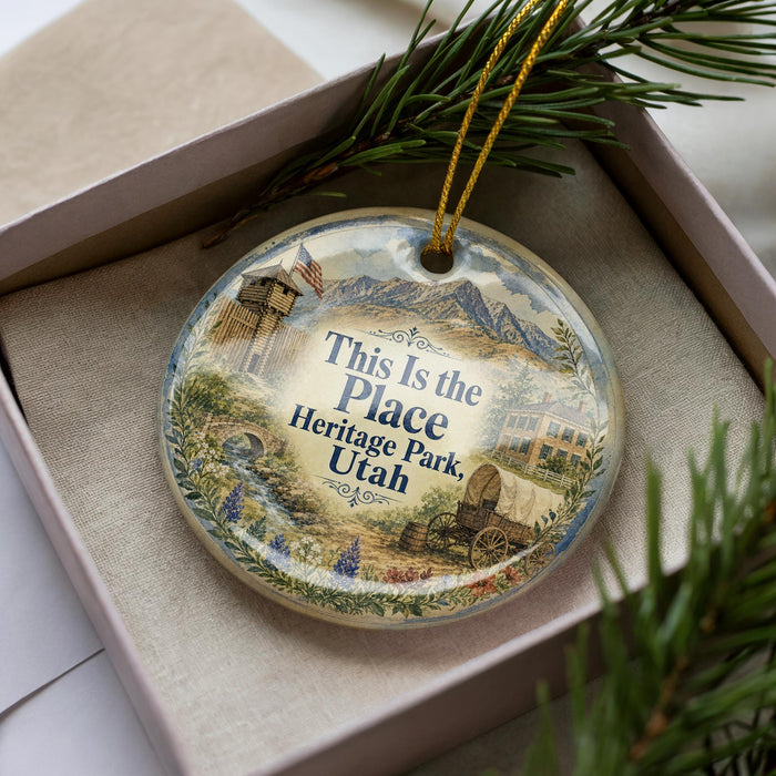 A decorative ornament in a box, featuring a scenic landscape with mountains, buildings, and a wagon, along with the text "This is the Place Heritage Park Utah".
