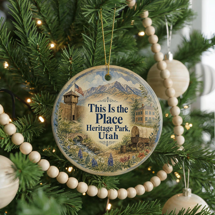A round ornament hanging on a Christmas tree, featuring a scenic illustration of a mountain landscape with a building and a wagon, surrounded by greenery and twinkling lights.
