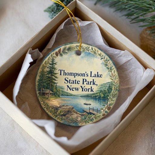 A round ornament with a scenic image of a lake and pine trees, hanging from a string inside a box.