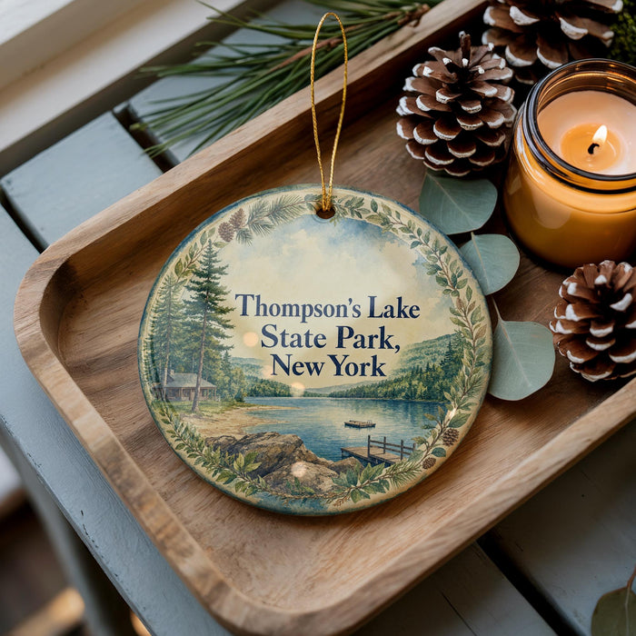 A decorative ornament featuring a scenic lake and pine trees, with the text "Thomson's Lake State Park, New York" displayed on it. The ornament is placed on a wooden tray, accompanied by pine cones and a lit candle.