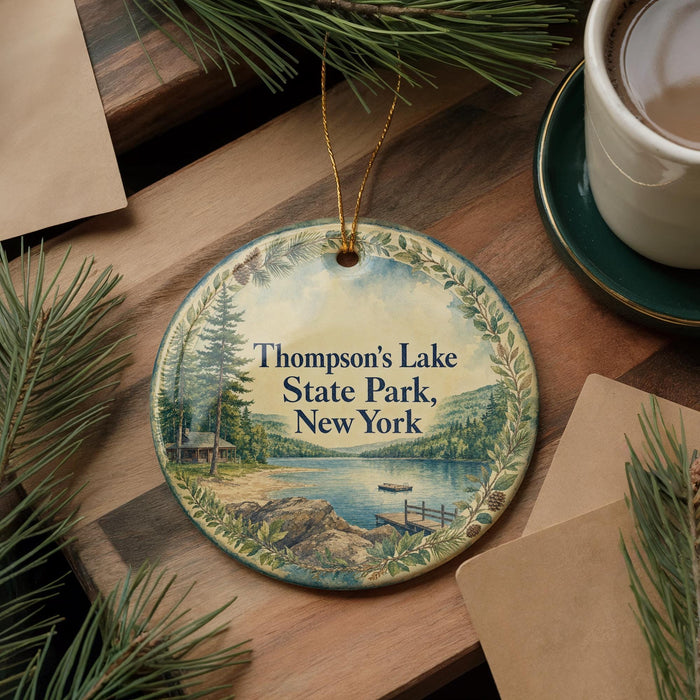 A round ornament with a scenic lake and forest landscape, featuring the text "Thompson's Lake State Park, New York".
