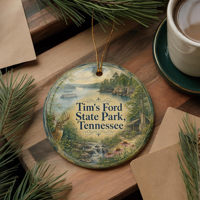 A decorative ornament with a scenic image of Tim's Ford State Park in Tennessee, featuring a lake, forest, and a cabin, is displayed on a wooden surface alongside a cup of coffee and some pine branches.