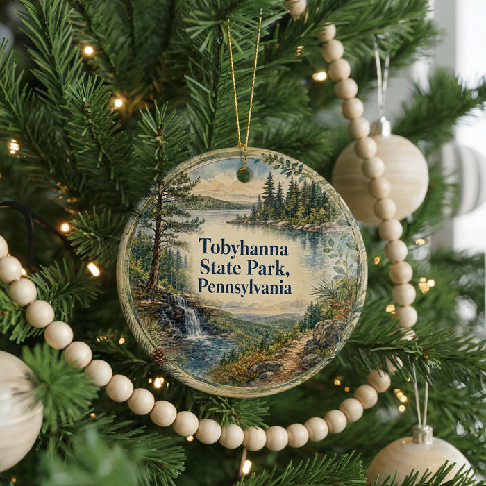 A round ornament on a Christmas tree, featuring a scenic landscape with a waterfall and pine trees.