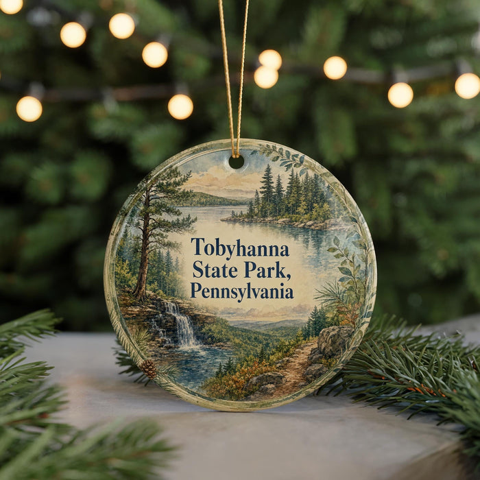 A round ornament with a scenic landscape of a forest and a waterfall, featuring the text "Tobhanna State Park, Pennsylvania".