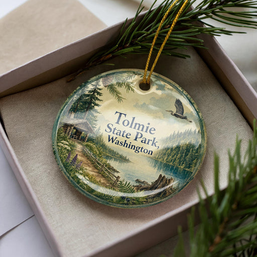 A decorative ornament in a box, featuring a scenic landscape with pine trees, a lake, and a bird in flight.