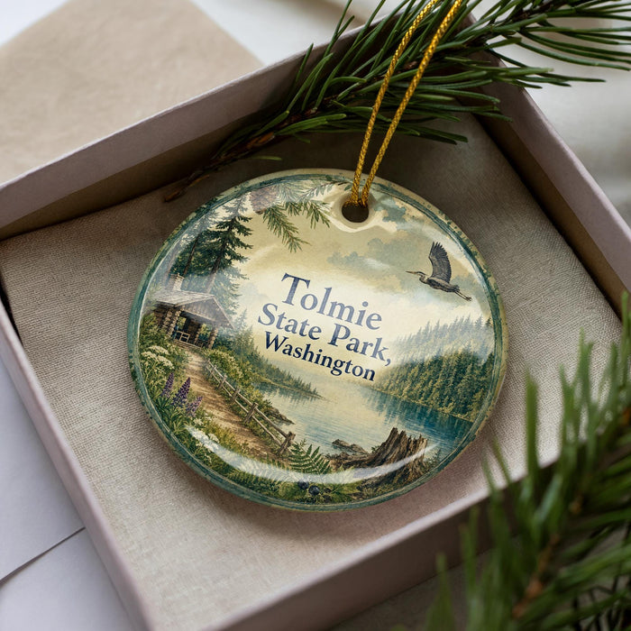 A decorative ornament in a box, featuring a scenic landscape with pine trees, a lake, and a bird in flight.