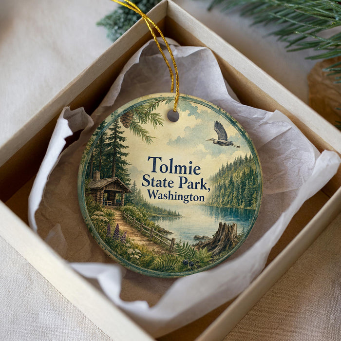 A circular ornament with a scenic landscape of Tolmie State Park, Washington, featuring a cabin, a lake, and a bird in flight.
