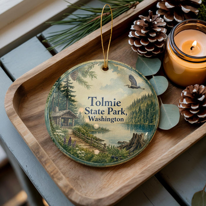 A wooden tray with a decorative ornament featuring a scenic landscape of Tolmie State Park, Washington, surrounded by pine cones and a lit candle.