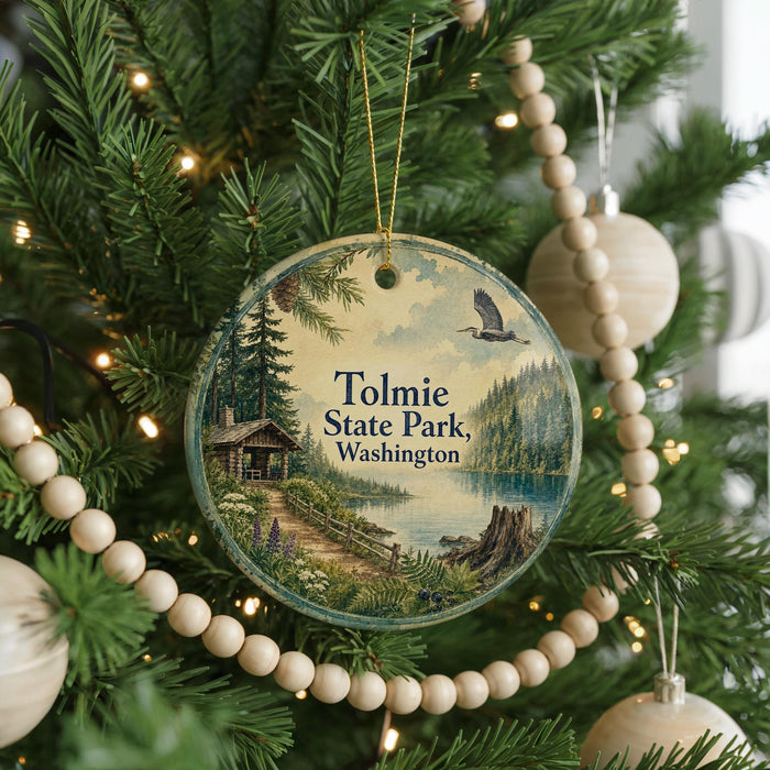 A round ornament hanging on a Christmas tree, featuring a scenic landscape with a cabin, lake, and mountains.