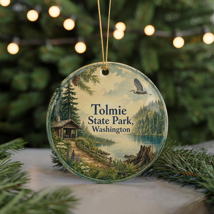 A round ornament with a scenic image of Tolmie State Park in Washington, featuring a cabin, a lake, and a bird in flight.