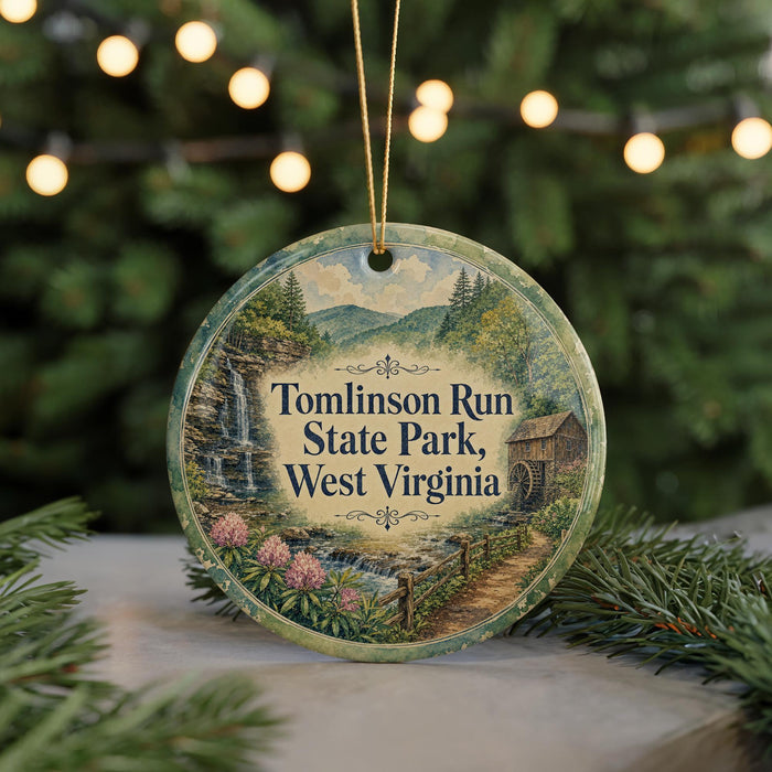 A round ornament with a scenic image of Tomlinson Run State Park, West Virginia, hanging from a string.