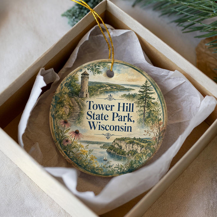 A decorative ornament in a box, featuring a lighthouse and a scenic landscape, with the text "Tower Hill State Park, Wisconsin" printed on it.