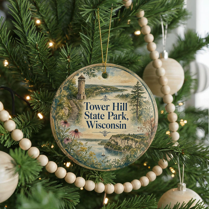 A round ornament hanging on a Christmas tree, featuring a scenic landscape with a lighthouse and a body of water.
