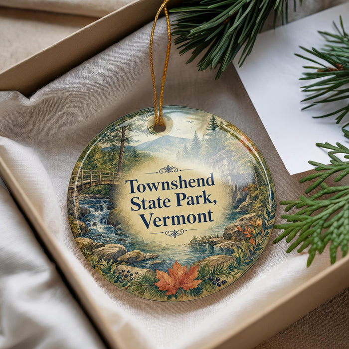 A decorative ornament with a scenic landscape of townsend State Park, Vermont, featuring a waterfall, pine trees, and a bridge.