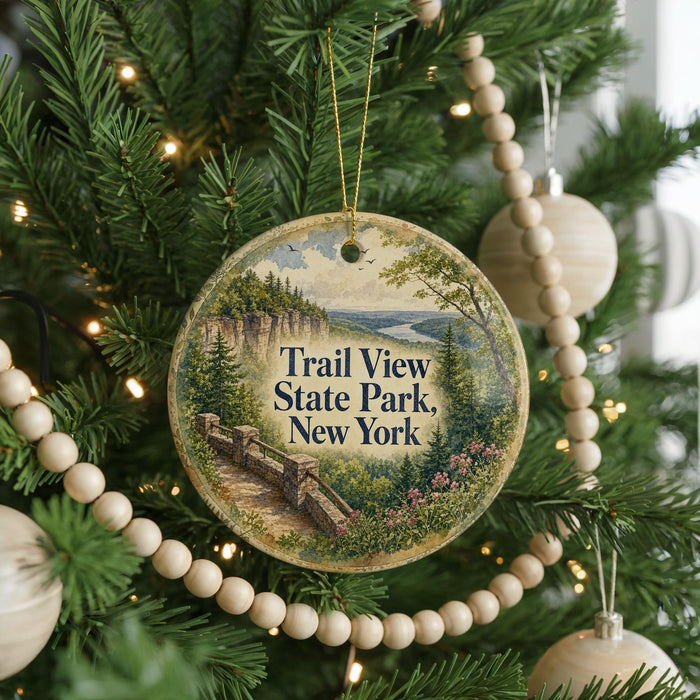 A round ornament hanging on a Christmas tree, featuring a scenic landscape with a bridge and trees.