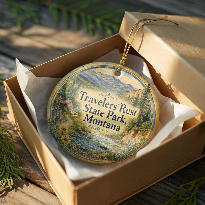 A decorative ornament in a wooden box, featuring a scenic landscape with mountains and a river.