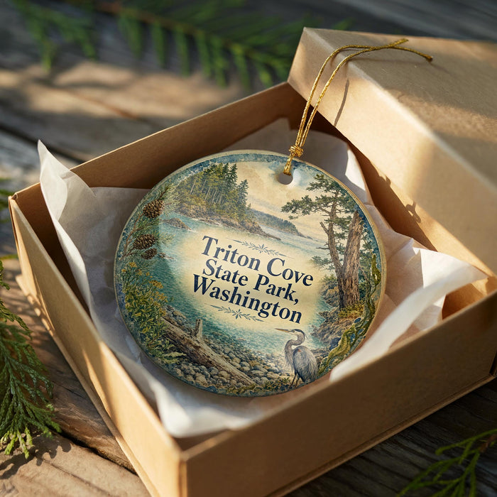 A decorative ornament in a wooden box, featuring a scenic landscape with a body of water and trees.
